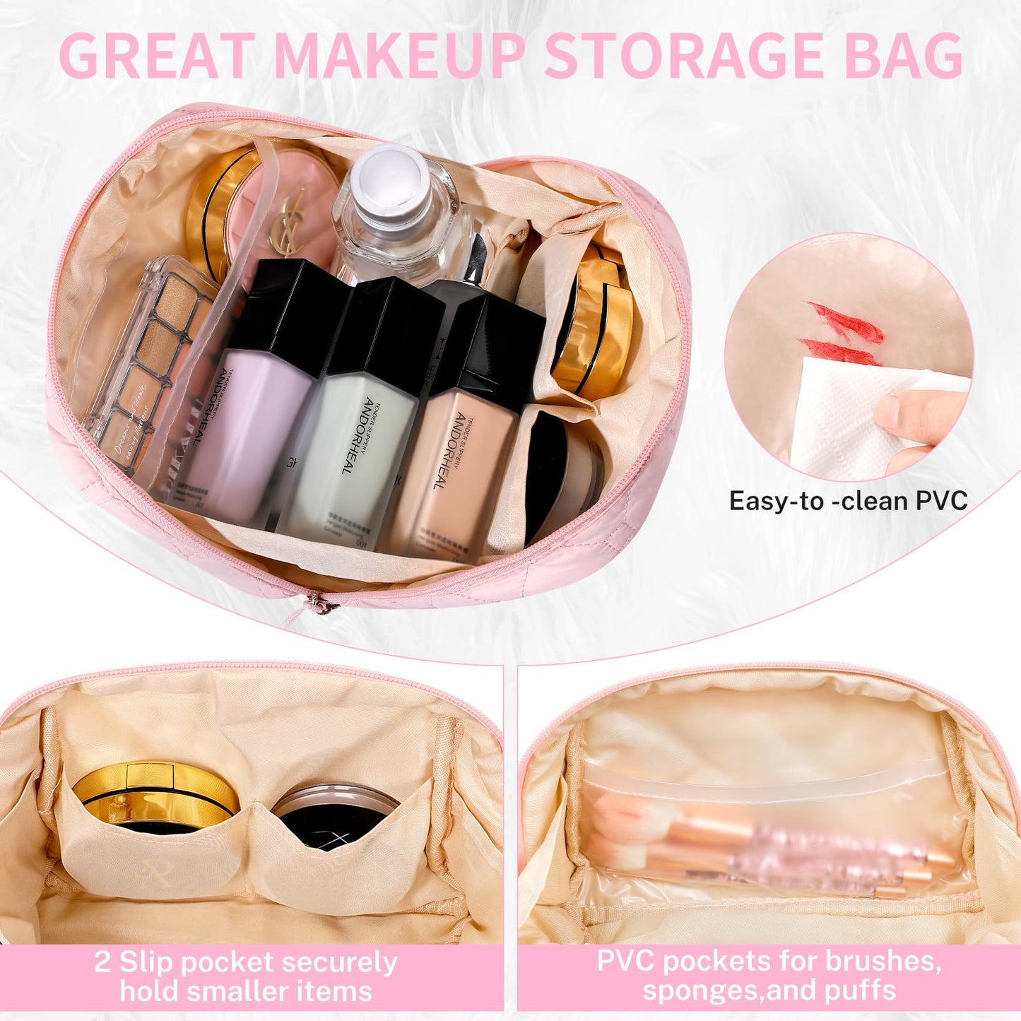 senbowe Small Makeup Bag,Travel Cosmetic Bag, Pink Puffy Padded Make Up Bag for Women, Wide-open Cute Makeup Bag Pouch Purse, Quilted Toiletry Makeup Organizer Bag with PVC Pockets,Travel Essentials