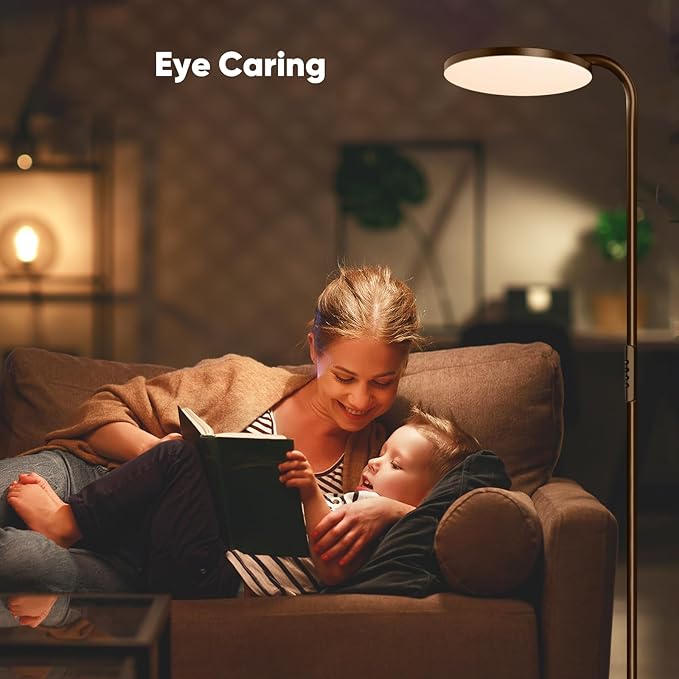 36W LED Floor Lamp, Super Bright Standing Lamp, Modern Stepless Dimmable Torchiere Tall Lamp with Remote Control, 350°Rotating Head Reading Floor Lamp for Living Room, Bedroom, Office - Brown