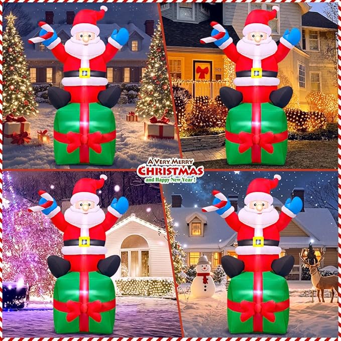 KOOY 6FT Christmas Santa Inflatables Outdoor Decorations Santa Claus with Gift Box Blow Up Yard Decorations,Built-in LED Lights for Outdoor Christmas Party Yard Garden Lawn Xmas Decoration