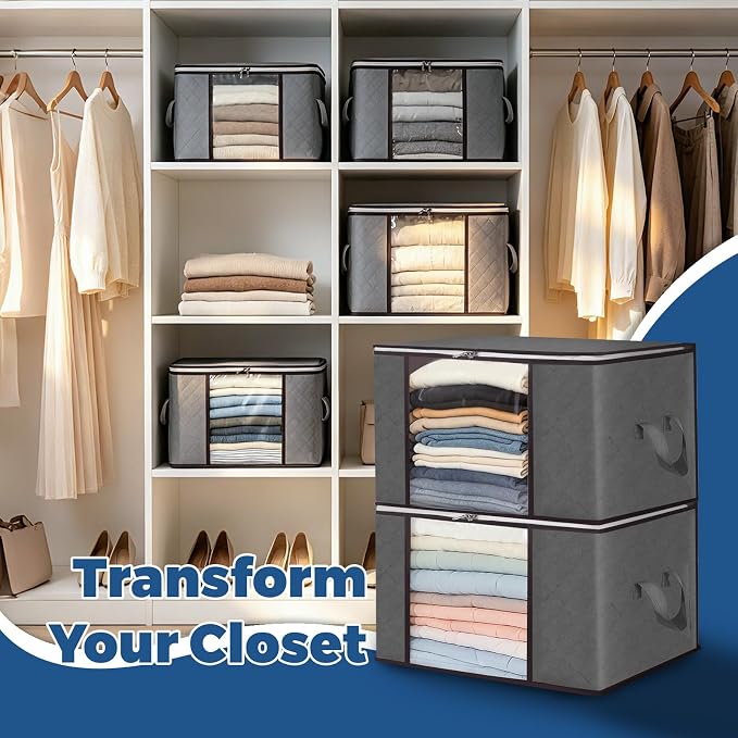 Pterying 8Pack Closet Organizers and Storage Bags with Clear Window & Reinforced Handle, Foldable Clothes Storage Bins with Zippers for Comforter, Blankets, Bedding