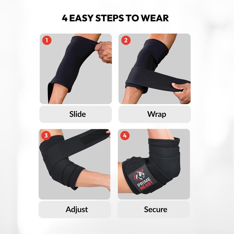 Prime Beast Hybrid Elbow Wraps for Weightlifting, Compression Sleeve and Adjustable Wrap Support for Bench Press, Powerlifting, and Gym Training (1 Pair) (Black, Small)