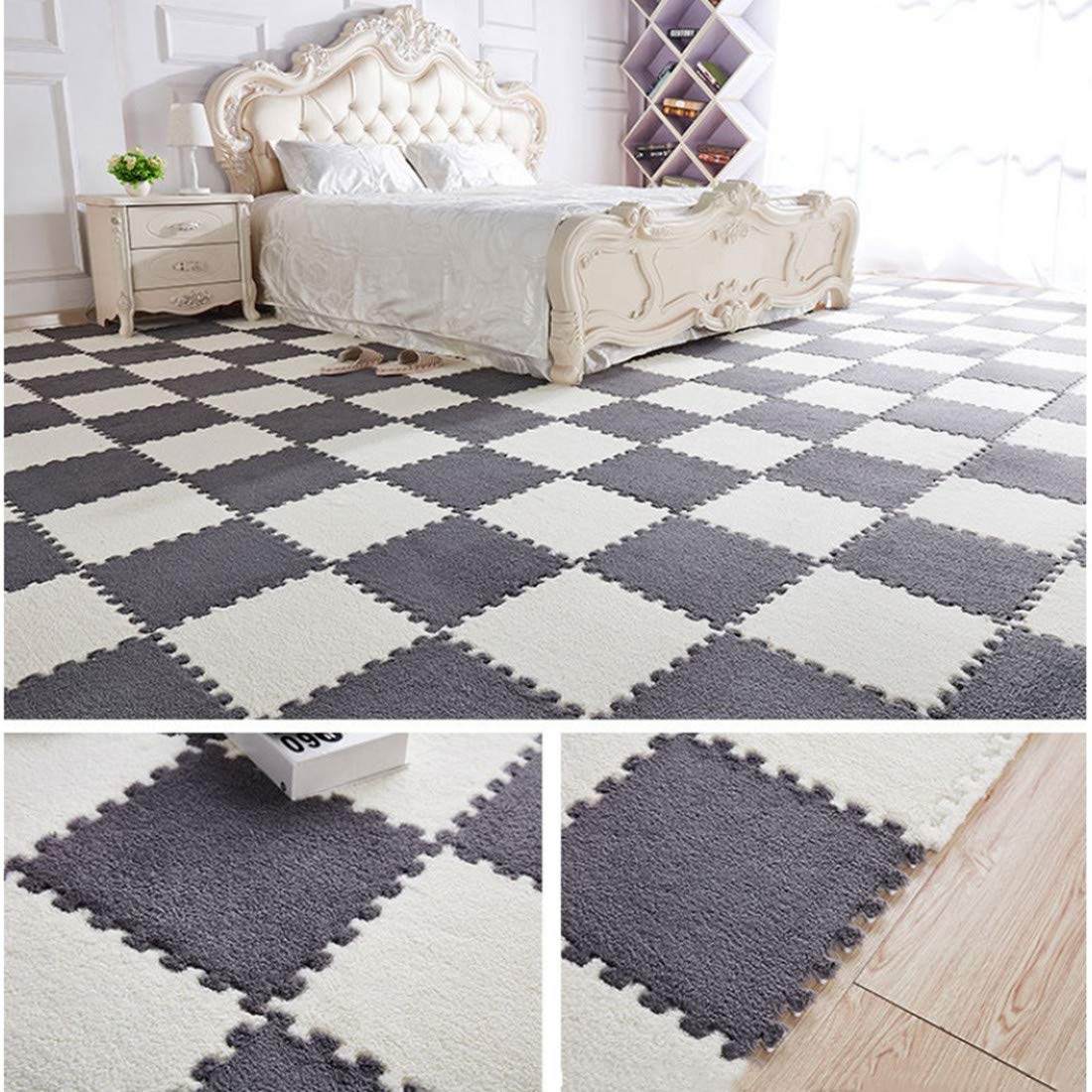 Smabee Interlocking Carpet Shaggy Soft EVA Foam Mats Fluffy Area Rugs Protective Floor Tiles Exercise Play Mat for Children Kids Room Home Parlor Bedroom (6 pcs White + 6pcs Gray)