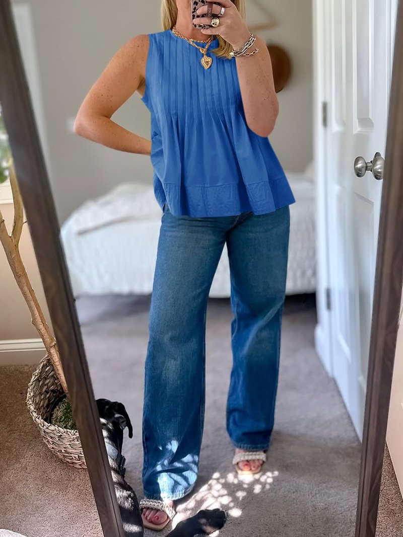 Cicy Bell Womens Summer Peplum Tops Casual Babydoll Sleeveless Cotton Tank Tops Flowy Pleated Shirts Blue