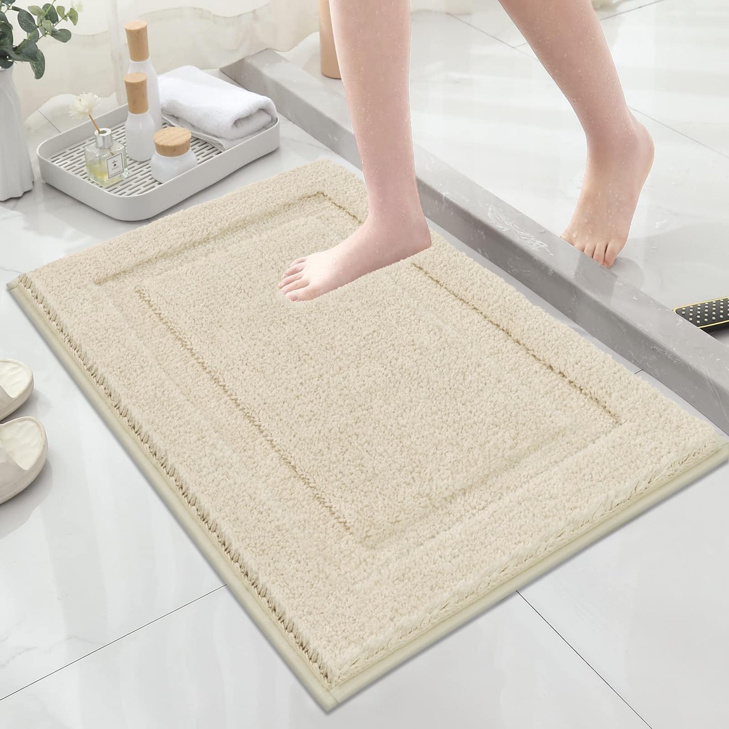 SHACOS Soft Absorbent Bathroom Rugs Set of 2 Pieces with U Shaped Toilet Rug Contour Bath Mats Bath Rugs 20"x24"+20"x32" Non Slip Washable, Light Beige