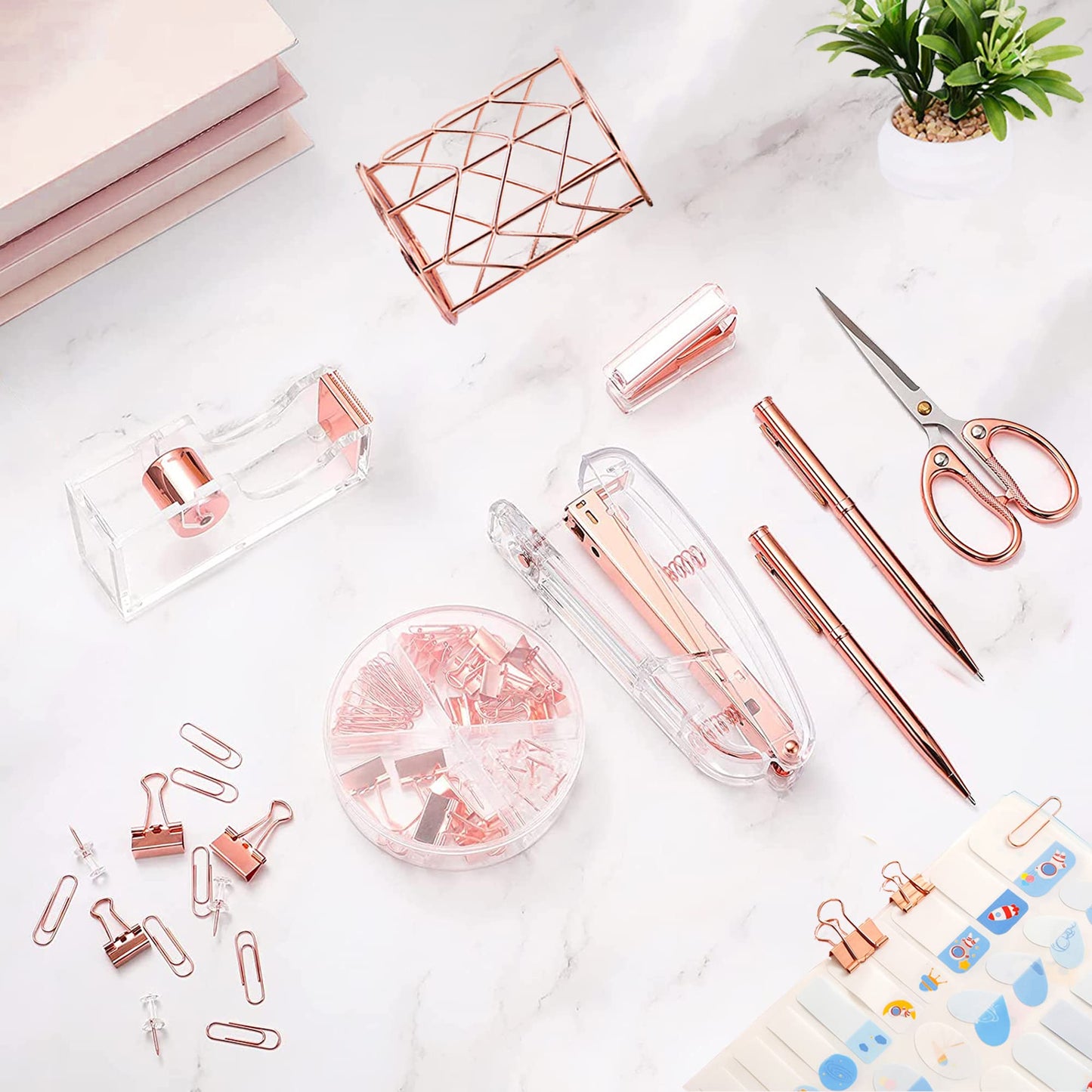 Famassi Rose Gold Desk Accessories,Office Supplies Set Acrylic Stapler Set Staple Remover, Tape Holder, 2 Ballpoint Pen, Scissor, Binder/Paper Clips and 1000pcs Staples.