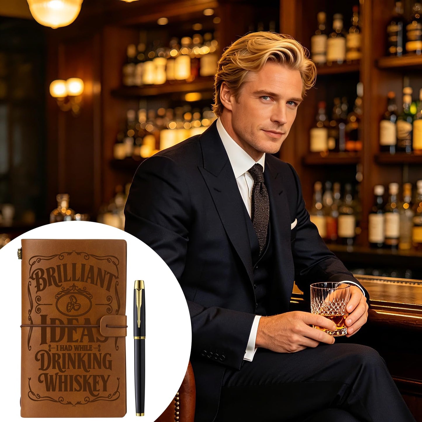 Muzuis Whiskey Gifts for Whiskey Lovers Leather Journal Notebook with Pen for Men Women Refillable Notebook, Sketchbook, Travel Diary