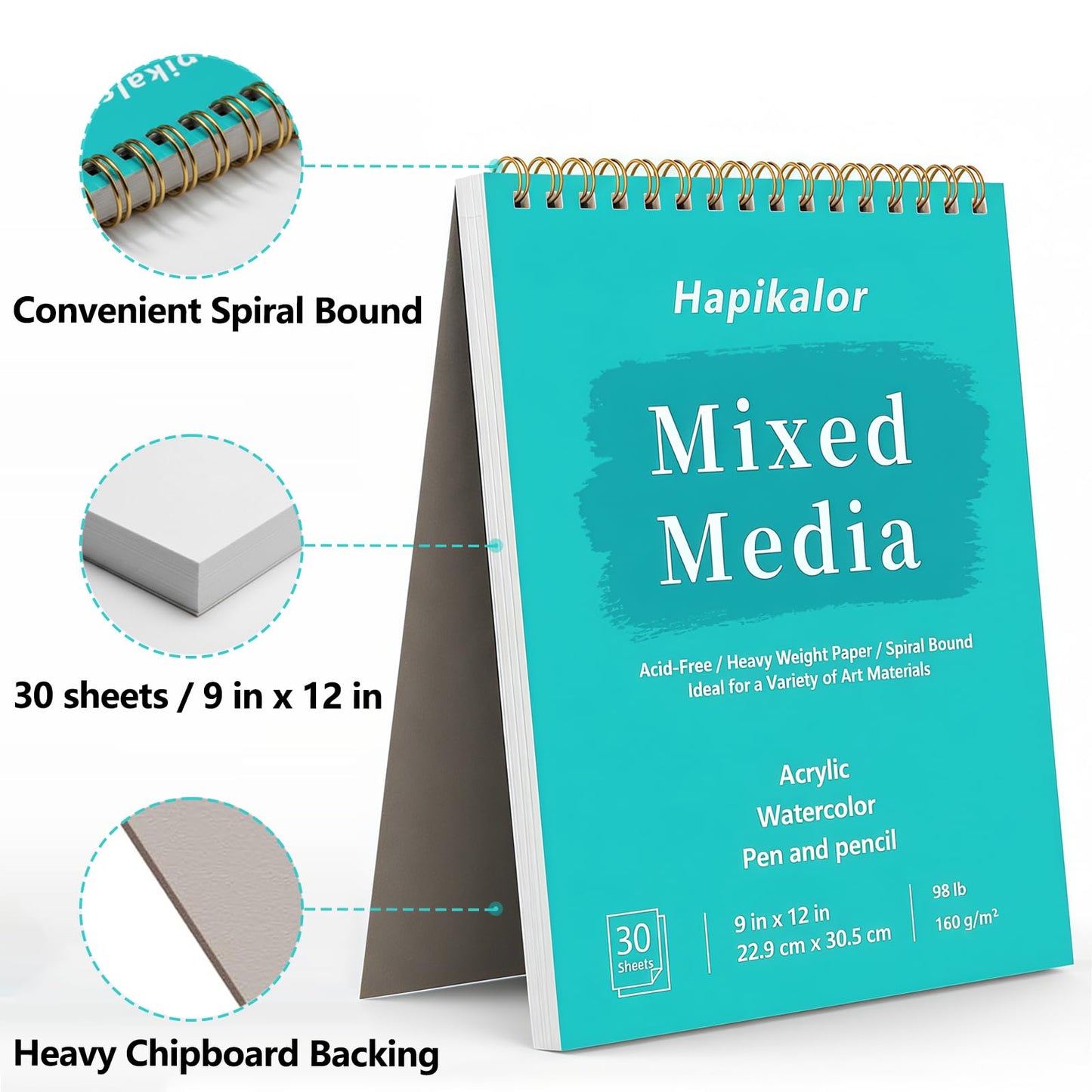 Sketch Book Mixed Media Pad - 9" x 12" Top Spiral Bound Sketch Pad, 30 Sheets 98lb/160gsm Acid-Free Drawing Paper, Art Supplies Sketchbook for Drawing, Sketching