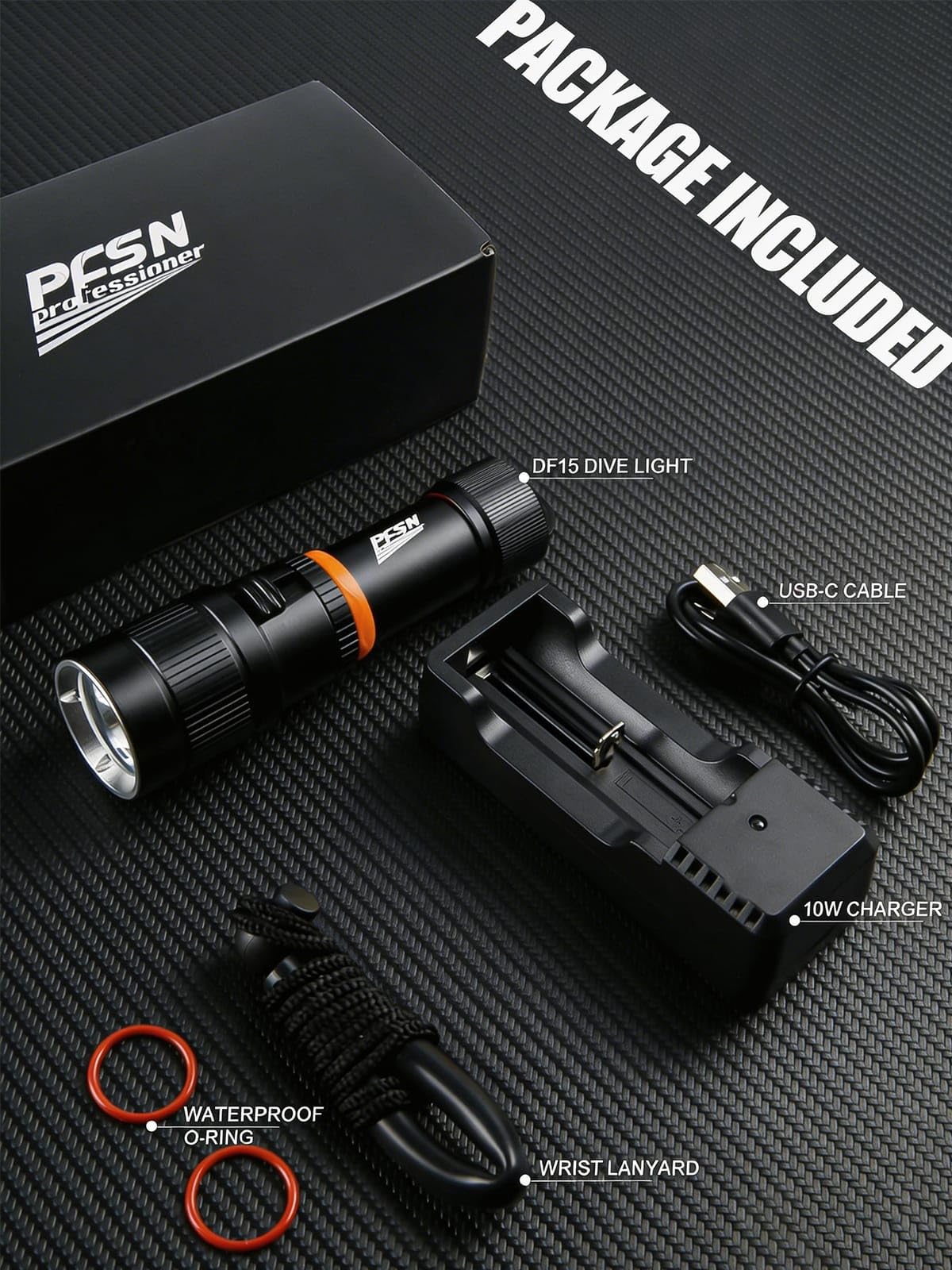Scuba Dive Light Diving Flashlight - PFSN High Lumens Underwater Flashlight IPX68 Waterproof, Rechargeable Dive Torch, Narrow Beam Diving Lamp Best for Diver Submersible Caving, Snorkeling