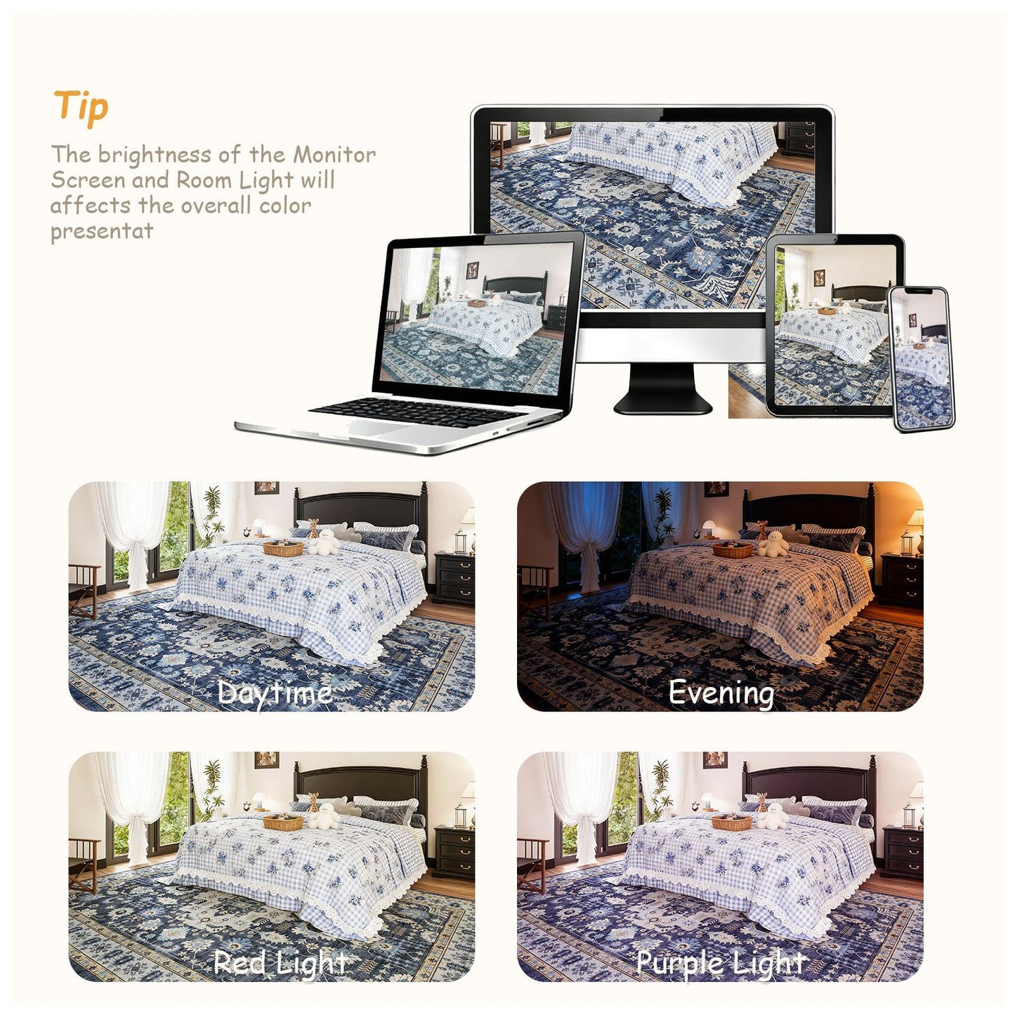 Trsury 8x10 Washable Living Room Area Rug, Boho Dark Blue Floral Medallion Low Pile Non-Slip Throw Rugs, Ultra Thin Foldable Carpet Under The Table for Bedroom,Dining Room,Playroom