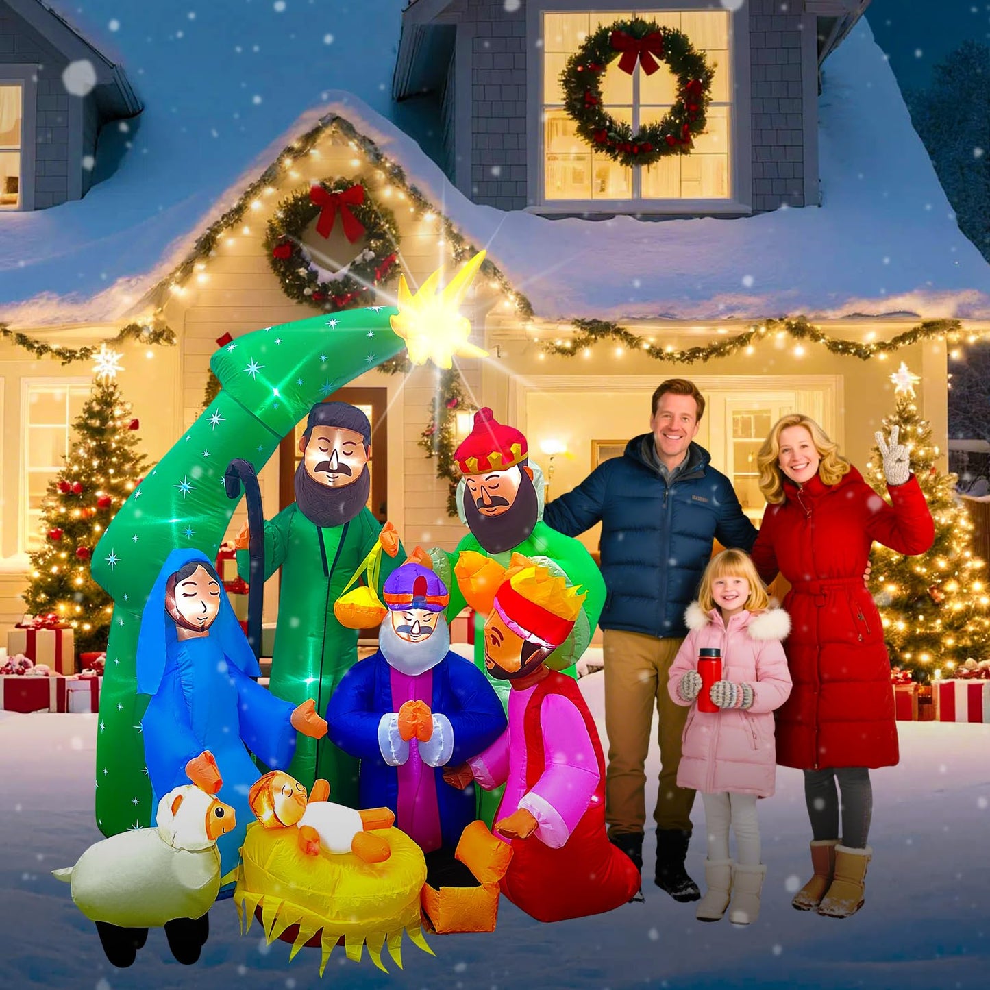 EAONE 7FT Christmas Inflatable Nativity Scene Outdoor Decorations, Christmas Blow Ups Yard Decorations Nativity Sets with 1.5 Meter String Lights for Garden Lawn Xmas Holiday Decor