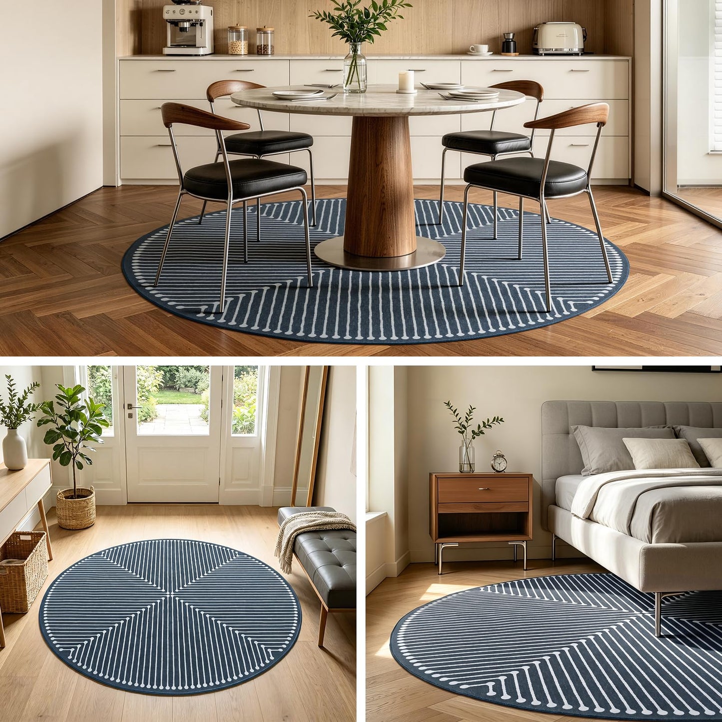 YIHOUSE Modern Washable 6ft Round Rug for Living Room, Dark Blue 6x6 Circle Rugs for Bedroom Non Slip Non Skid, Soft Striped Carpet for Dining Room Playroom Home Office Decor