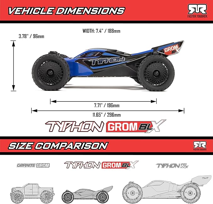 ARRMA RC Car Typhon GROM 4X4 223S BLX BRUSHLESS Small Scale Buggy RTR with DSC Battery & Charger Included RED ARA2306ST1