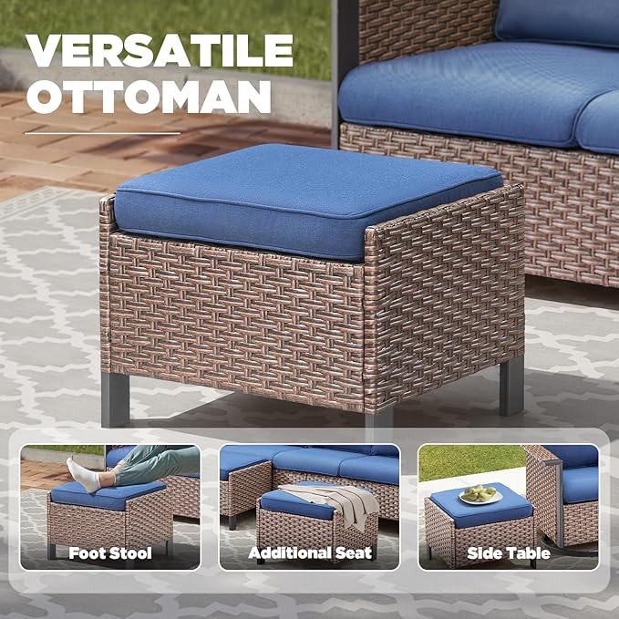 Outdoor Patio Furniture Set Swivel Chairs-7 Pieces All-Weather Wicker 3 Seater Sofa with 2 Ottomans Rattan Side Table, Wicker Sofa Outdoor Furniture for Porch Deck Backyard Brown/Blue