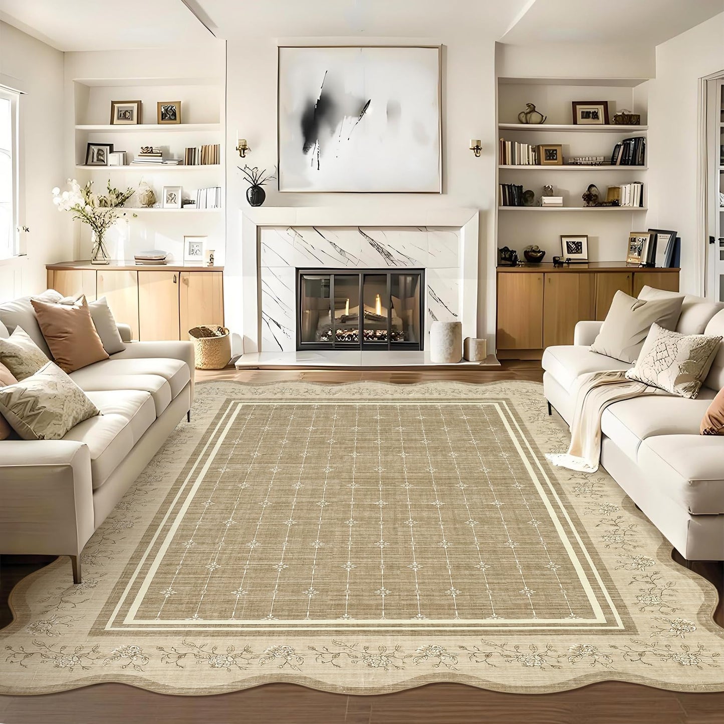 Garvee Washable Rugs for Living Room 8x10 Area Rugs for Bedroom Scalloped Rug Modern Bordered Non Slip Large Kids Bedroom Carpet Indoor Stain Resistant Floor Cover for Dining Room Office Nursery Camel