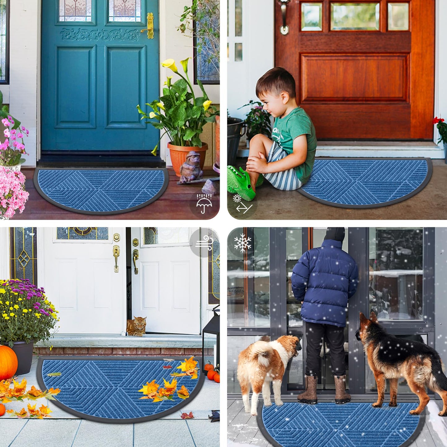 Smiry Half Circle Front Door Mat Outside Entrance, Heavy Duty Sturdy Natural Rubber Doormat, Trap Dirt and Moisture, Low Profile Mats for Indoor Outdoor Entry, Irregular Triangle (29.5x17, Blue)
