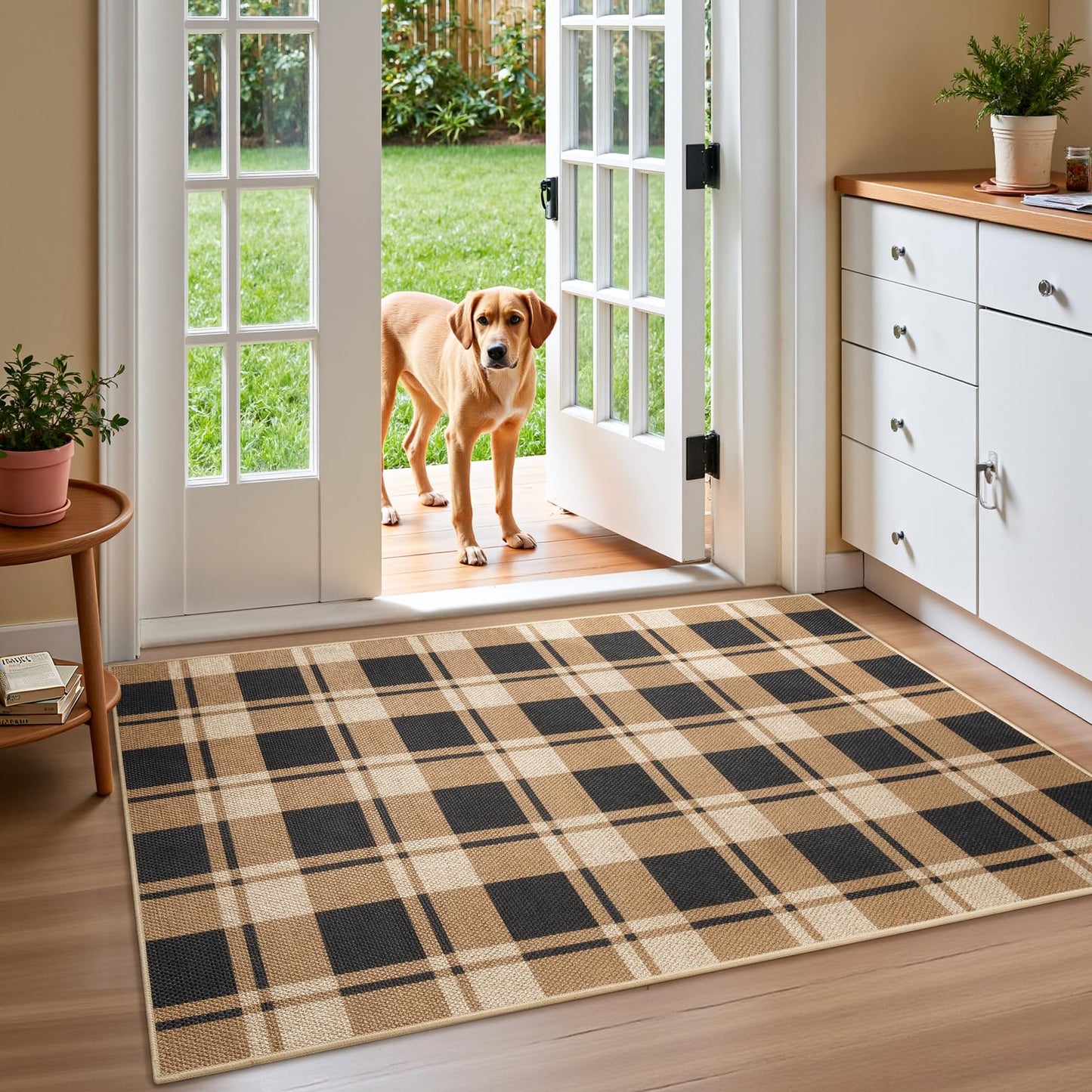 AROGAN Plaid Jute Rug 3x5, Washable Indoor Outdoor Rug, Black and Brown Checkered Farmhouse Rug, Non-Slip Low Pile Carpet for Patio, Living Room, Kitchen, Entryway