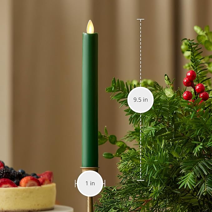 Luminara - Flameless Battery Operated Taper Candle - Holiday Green - Pack of 1-1x9.5 - LED Flickering Flame - Realistic Safe for Home Kids and Pets