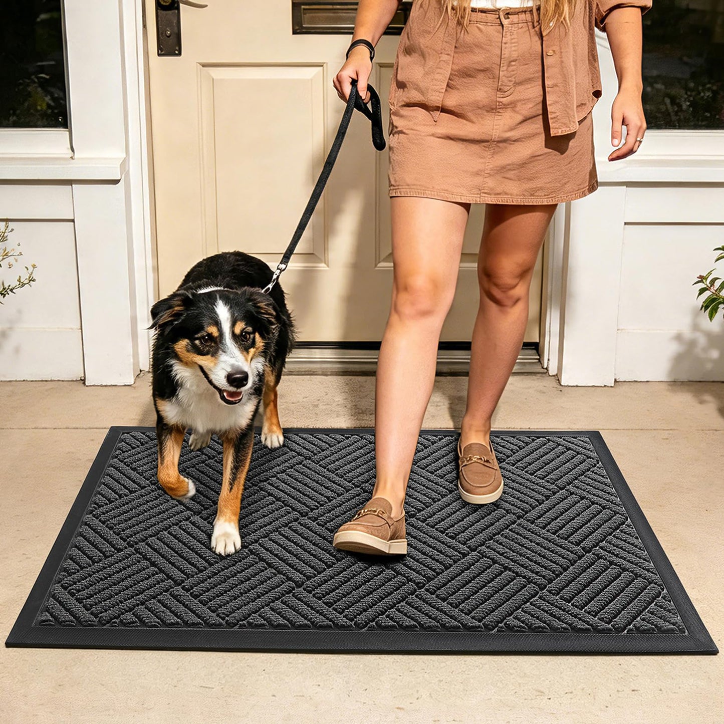 WELDUN Front Door Mat, Heavy Duty Waterproof Rubber Doormat for Indoor Outdoor, Non-Slip Low Profile Dirt Trapper Absorbent Mat for Entryway, Stain Fade Resistant Easy Clean 29.5"x17", Grey