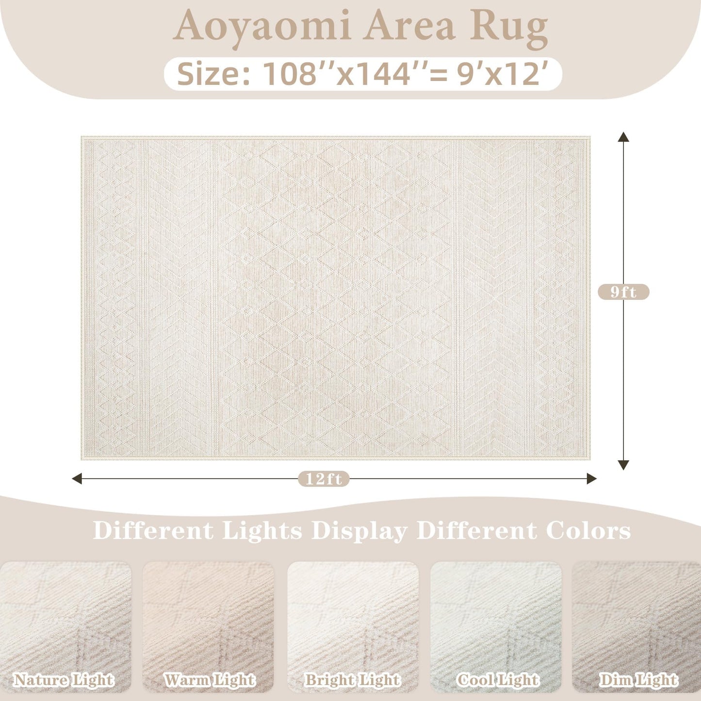 Area Rug for Living Room 9x12: Large Washable Boho Moroccan Rugs Geometric Neutral Rug, Non-Slip Foldable Morden Farmhouse Indoor Floor Carpet for Bedroom Dining Table Home(Modern Beige,9'x12')