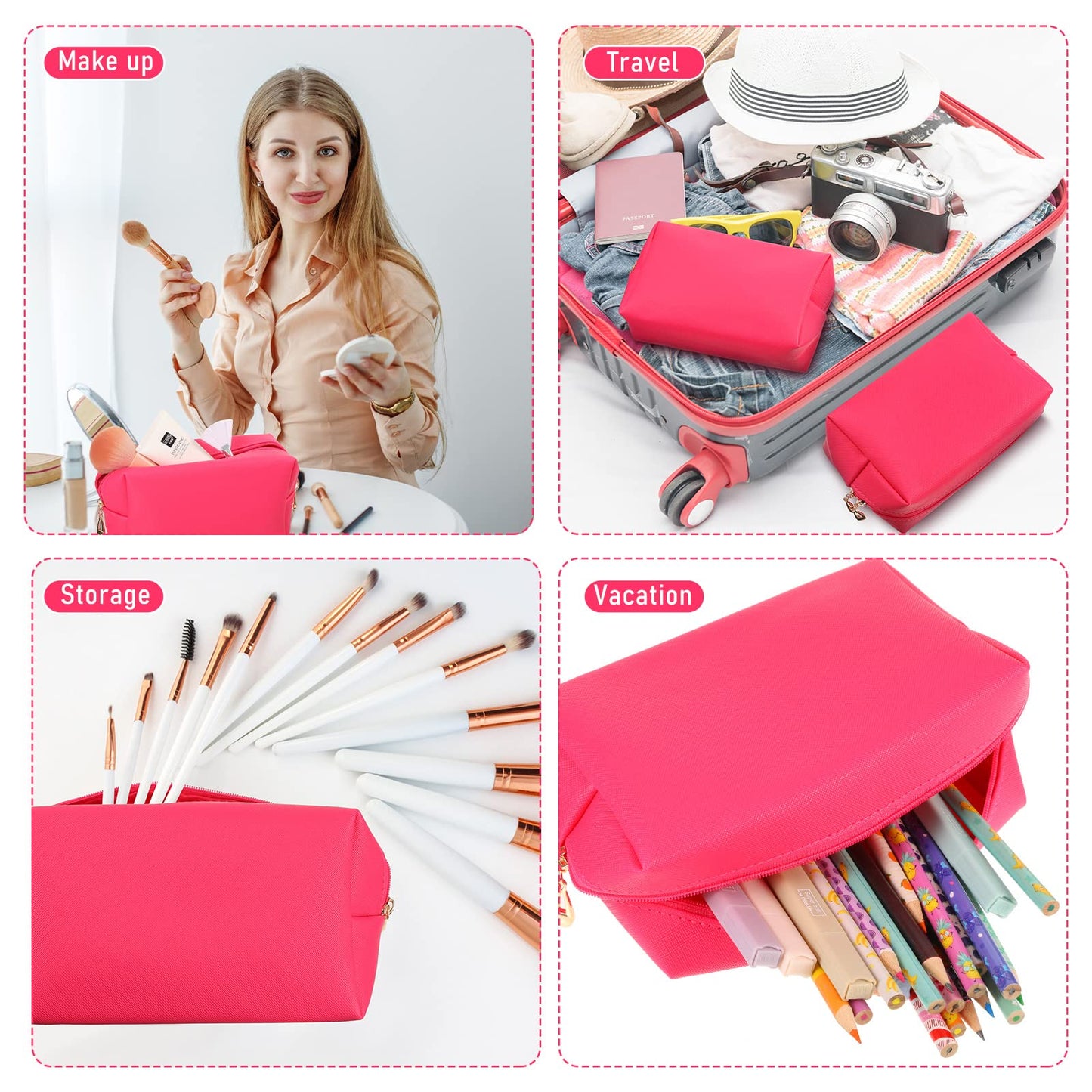 Gerrii 6 Pcs Preppy Patch Makeup Bag PU Leather Cosmetic Pouch Waterproof Cosmetic Pouch with Zipper Portable Travel Toiletry Organizer Bag Makeup Case Gift for Women Friends(Rose Red)