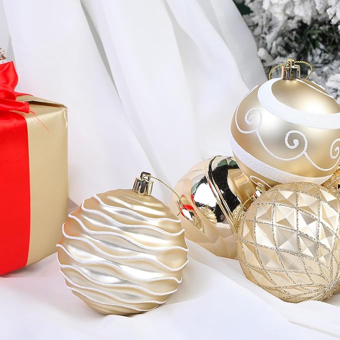 SHareconn 80mm Christmas Baubles,12PCS Colored Shatterproof Plastic Decorative Hanging Tree Decorations Baubles Set for Xmas Tree Decor Holiday Party Wedding Decoration with Lanyard,Gold & White