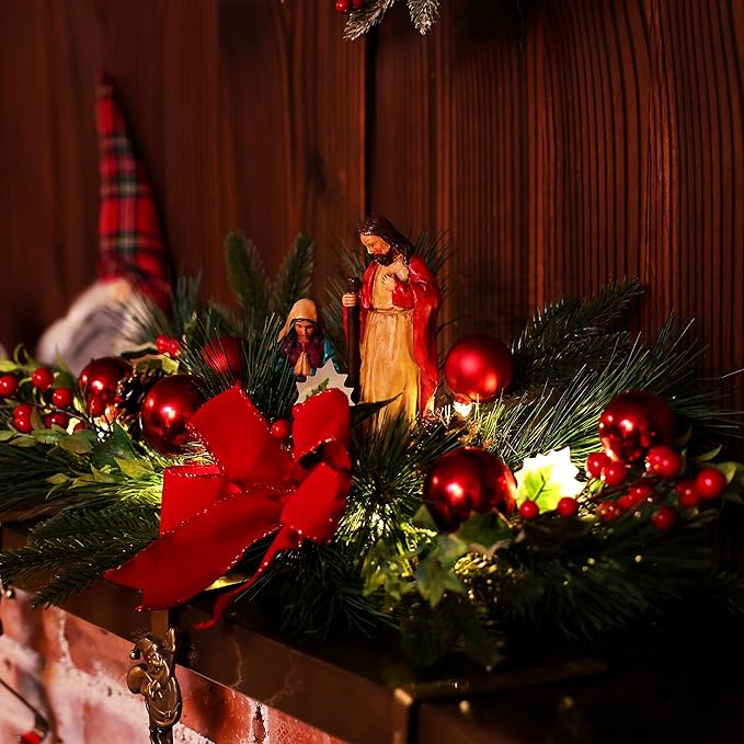 MOONET Christmas Table Centerpiece with LED Lights, Red Plastic Jesus Pine Needle Ornament, Red Berry, Christmas Balls for Holiday Party, Home, Fireplace
