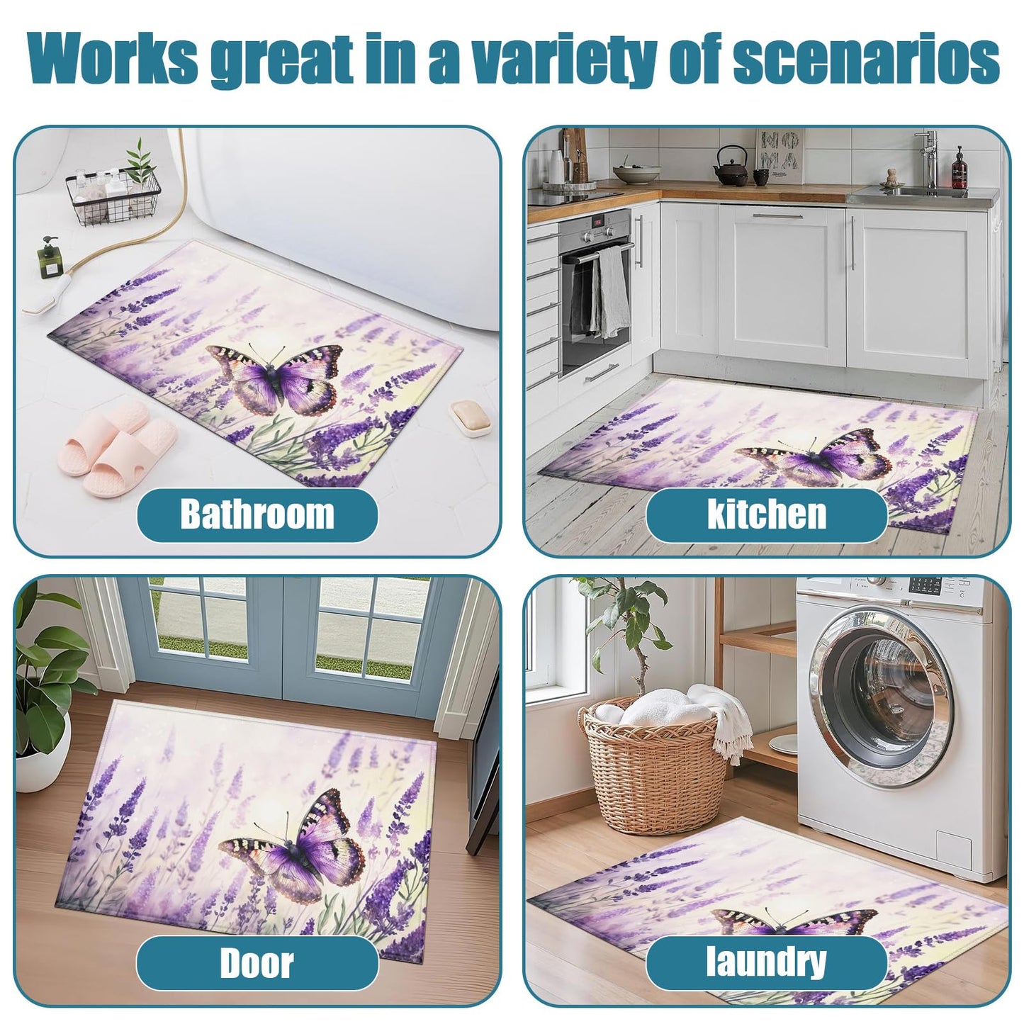 Purple Butterfly Lavender Indoor Door Mat, Outdoor Entrance Doormat for Entryway Kitchen Bathroom 17 X 29 Inch