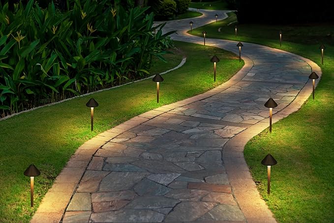 GKOLED Solid Brass Landscape Path Lights (5" Shade, 20" Tall), Low Voltage LED 3W 12-24V AC/DC Conehead Path Lighting, 2700K Outdoor Waterproof Walkway Light, with Stake and G4 Bulb, 2 Pack