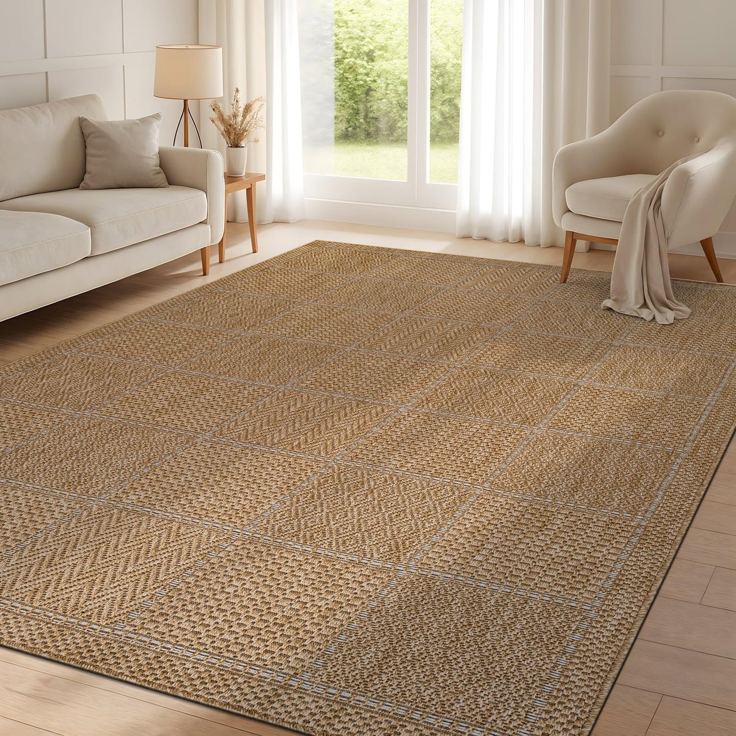 Beverly Rug Easy Jute Checkered Squared Rug 6x9 Washable Durable Indoor Outdoor Area Rugs for Living Dining Room Patio Office Stain Resistant Non Shedding Casual Indoor Outside Carpet 6 x 9 Natural