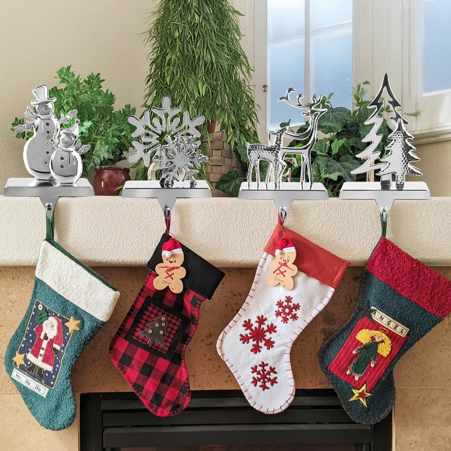 Christmas Stocking Holders for Mantel Set of 4, Stocking Hangers Reindeer Snowman Christmas Tree Snowflake Metal for Fireplace Mantel Holiday Christmas Decorations Stocking Hanger Hook - Silver