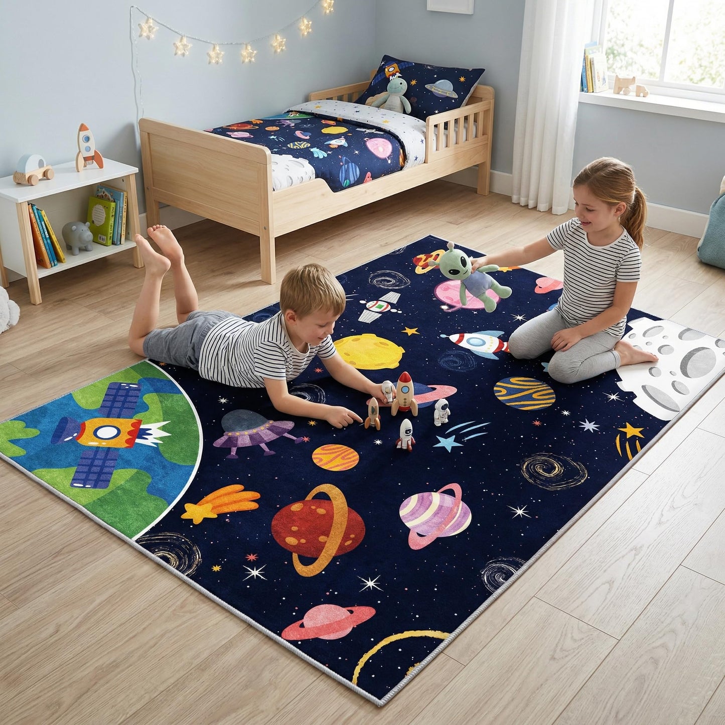 VNUVCOE Space Kids Car Rug Playmat Carpet, 31''x47'' Playroom Planet Rug for Playing Cars Toys, Educational Area Rugs for Bedroom Classroom Toddlers.