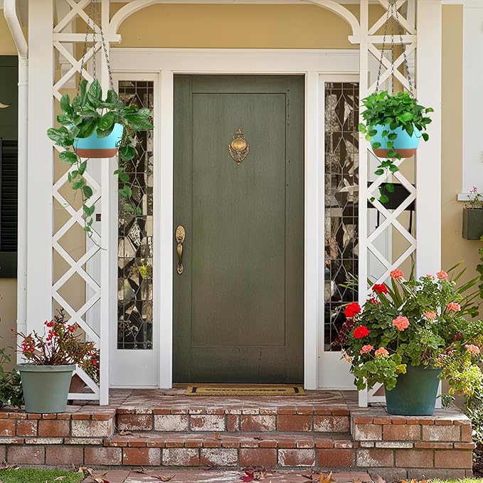 Set of 2 8 Inch Self Watering Hanging Planters for Indoor Outdoor Plants, Color Blocking Hanging Baskets Flower Pots with Drainage Hole & Removable Water-Storage Tray and 20" Chain Hanger