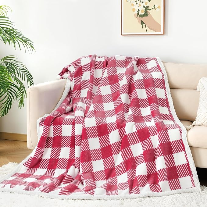 Touchat Sherpa Plaid Twin Blanket 60" X 70", Fuzzy Fluffy Soft Cozy Throw Blanket, Twin Size Plush Fleece Flannel Plush Microfiber Blanket for Couch Bed Sofa (RustRed)