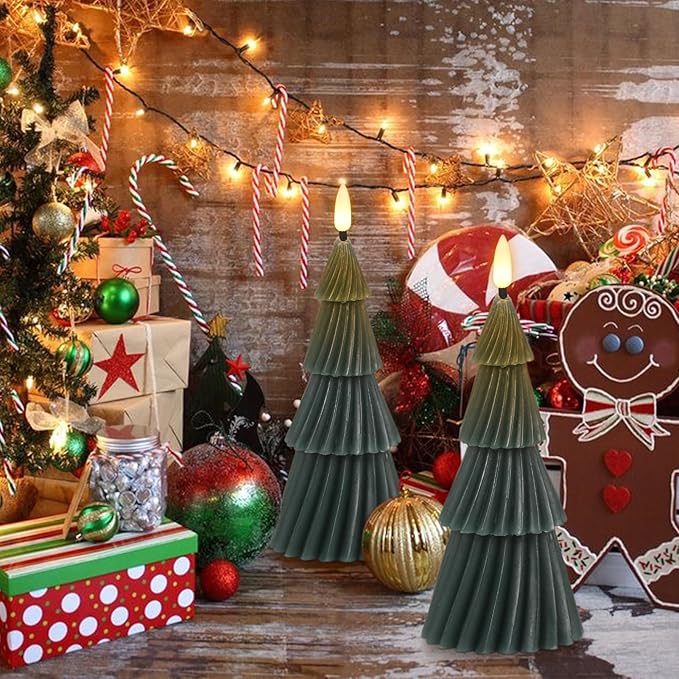Christmas Tree Spiral Skirt-Shaped Flameless Candles with 6H Timer, 2 Pcs Battery Operated LED Pillar Candle with Flickering 3D Wick, Green Candles for Home Décor
