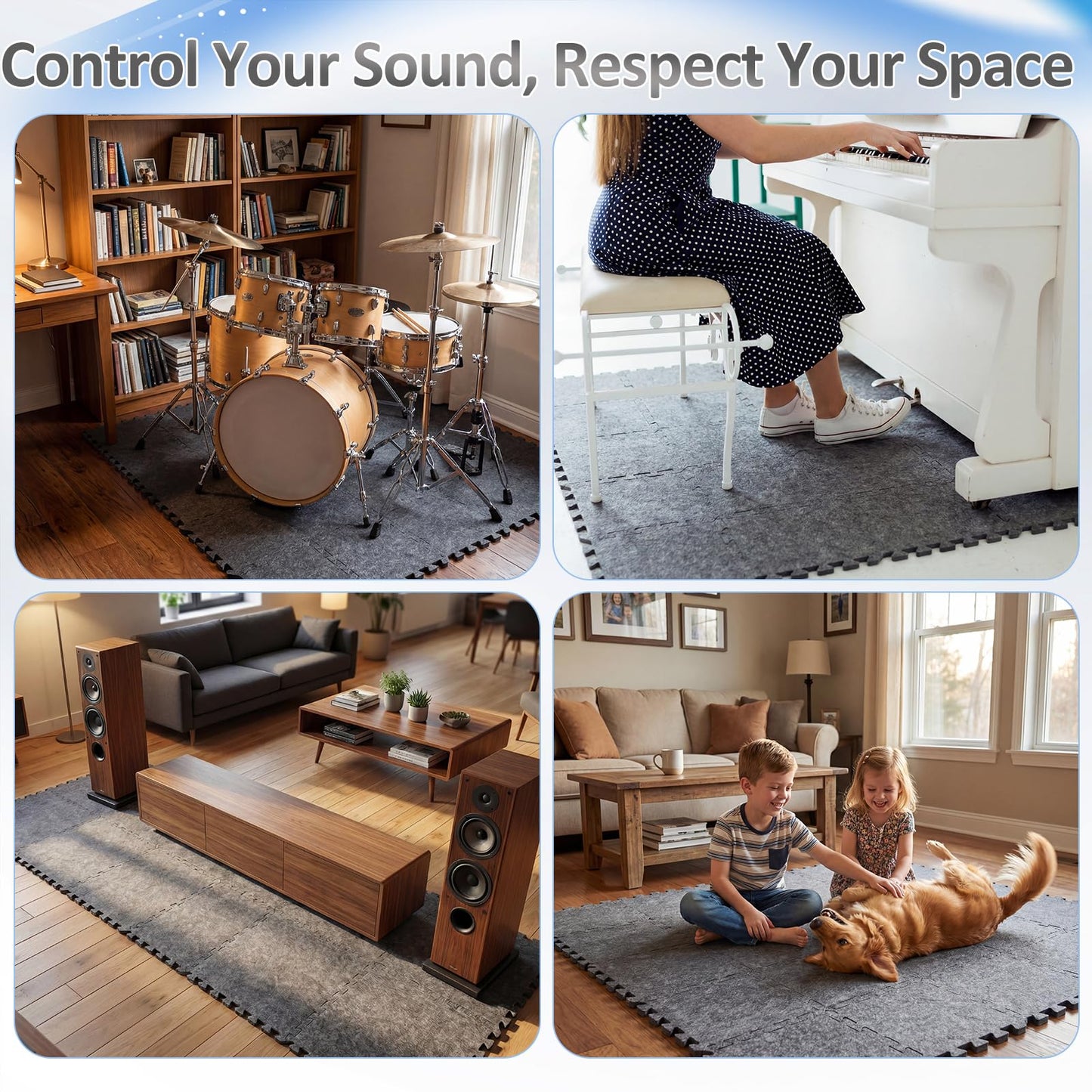 GOGHOST 20 PCS Sound Absorbing Interlocking Floor Mats Pads 11.8 x 11.8 x 0.4 Inches, Non-Slip Anti Vibration Sound Proof Puzzle Felt Padding, Drum Rug Soundproof Electrical Pads for Drummers, Gray