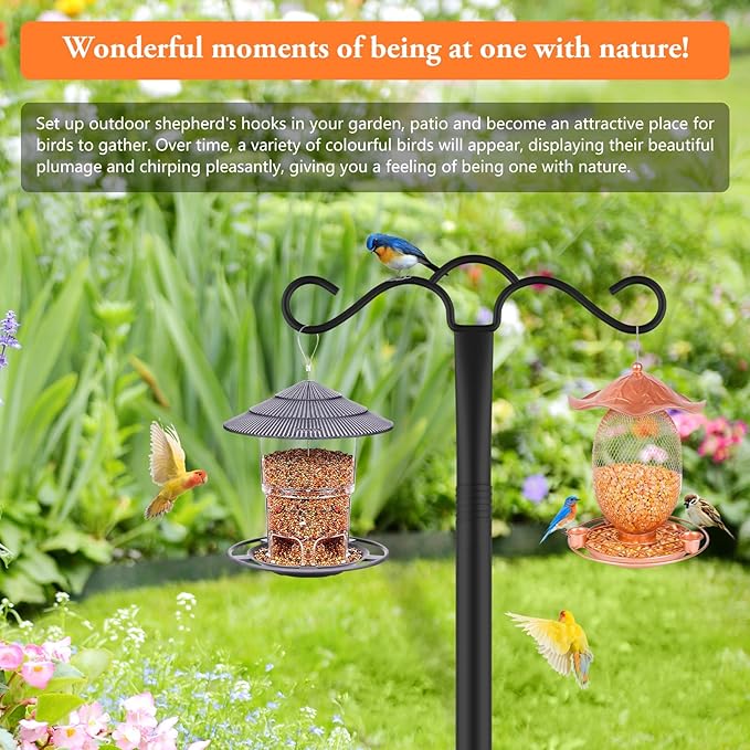 SINLEY Double Shepherds Hook for Outdoor with 5 Prong Base 90 Inch Heavy Duty Two Sided Bird Feeder Pole for Hanging Lantern,Hummingbird Feeder,Lightweight Plant,Shepherds Hook for Bird Feeders