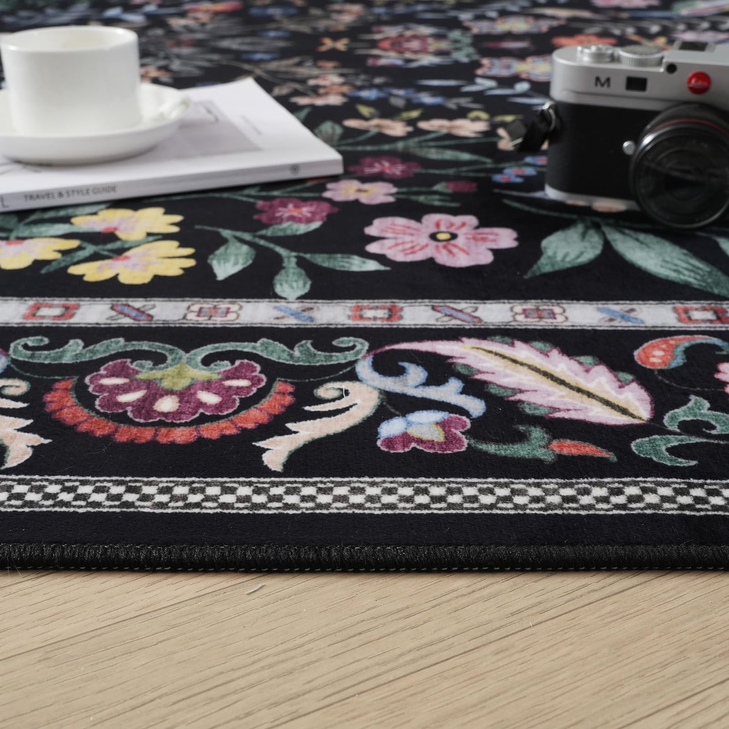 Runner Rug Washable Kitchen 2'6''x8' Rug for Entryway Indoor Floral Non-Slip Soft Carpet Runner for Hallways, Kitchen, Laundry, Bedroom, Bathroom (Vibrant Black)