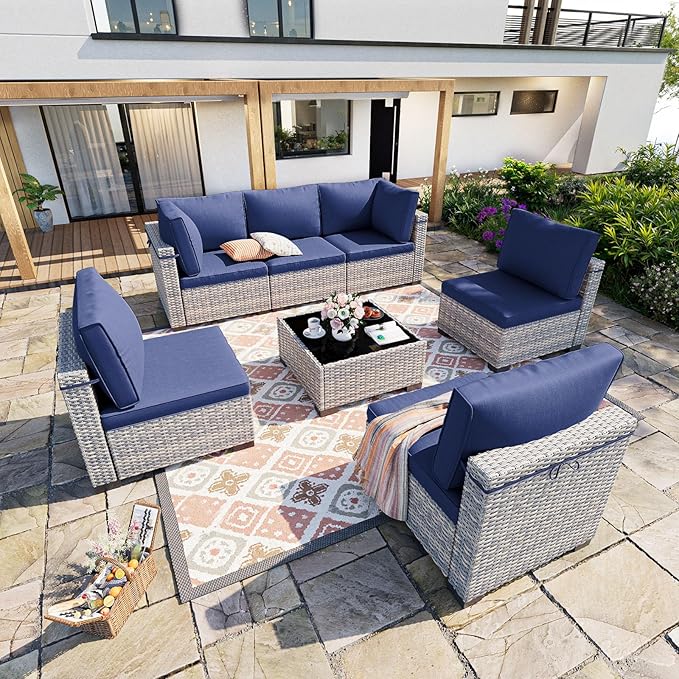7-Piece Patio Furniture Set, Outdoor Sectional with Thick Cushions, Modular Patio Sofa, Dual-Strand Wicker Rattan, Rust-Resistant Frame, Backyard Furniture for Garden, Deck, Navy Blue