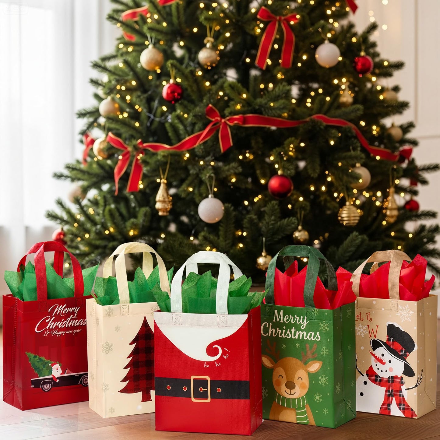 STYPOP 24 Pack 10" Christmas Gift Bags Medium Size with Tissue Paper, Reusable Non-Woven Christmas Tote Bags with Handles, Perfect for Xmas Gift Wrap/Party Favor Supplies, 10" ร 8" ร 4"