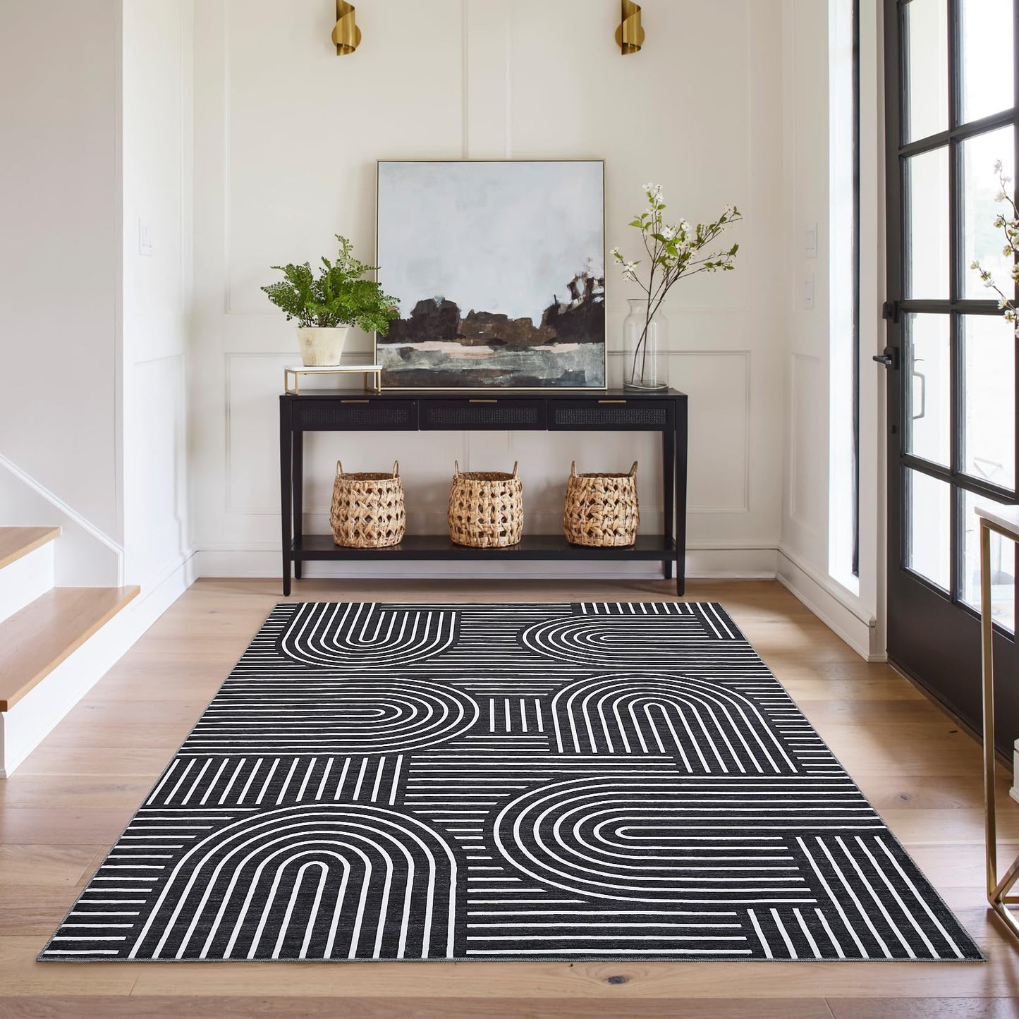 ROYHOME Washable Rug 5x7 Area Rugs for Living Room, Abstract Rug for Bedroom, Soft Rainbow Non Slip Throw Rugs with Rubber Back, Low Pile Stain Resistant Boho Geometric Carpet for Dining Room, Black