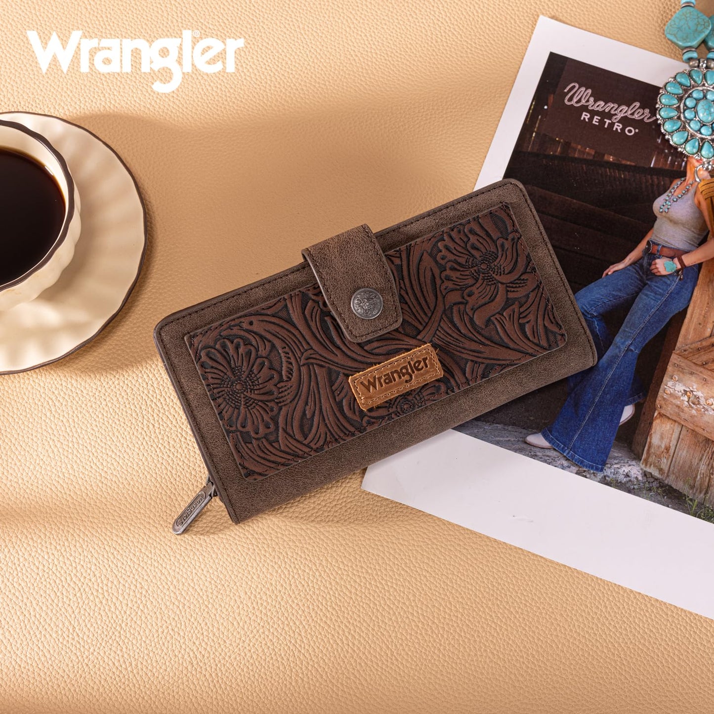 Montana West X Wrangler Large Womens Wallet Western Tooling Flower Wallets, Card Cases & Money Organizers Bifold Card Cash Phone Wallet Ladies Female Travel Clutch Wallets with RFID Lining