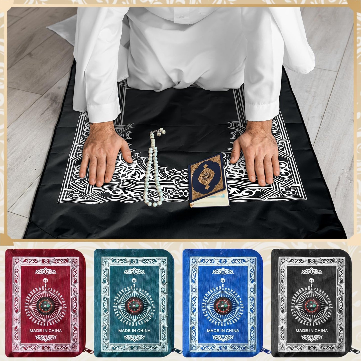 Mindsoft 4 Pcs Portable Travel Prayer Mat with Compass Islamic Waterproof Polyester Praying Rug with Pocket Sized Carry Bag for Muslim Ramada Eid Gifts (60 cm x 100 Cm)