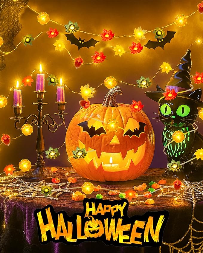 btfarm Fall Decor 16.4FT 50 LED 3D Pumpkin Maple Leaf Acorn Fairy String Lights Battery Operated with Remote Timer, Thanksgiving Decorations Waterproof for Home Autumn Harvest Halloween Party
