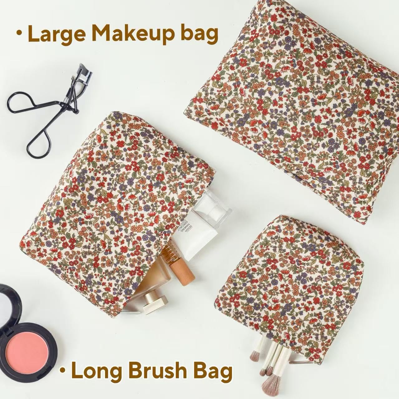 3Pcs Floral Makeup Bags, Cosmetic Bags for Women, Large Capacity Corduroy Makeup bag Set and Portable Mini Makeup Bag,Aesthetic Women Handbags Purses, Travel Essentials Aesthetic Stuff (Floral 01)