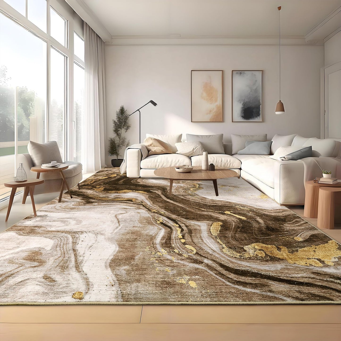 GarveeHome Modern Washable Rugs 5x7 Neutral Abstract Throw Rugs, Non-Slip Abstract Accent Carpet with Marble Swirl Pattern, Stain-Resistant Low Pile Indoor Carpet Rug for Living Room, Bedroom, Brown