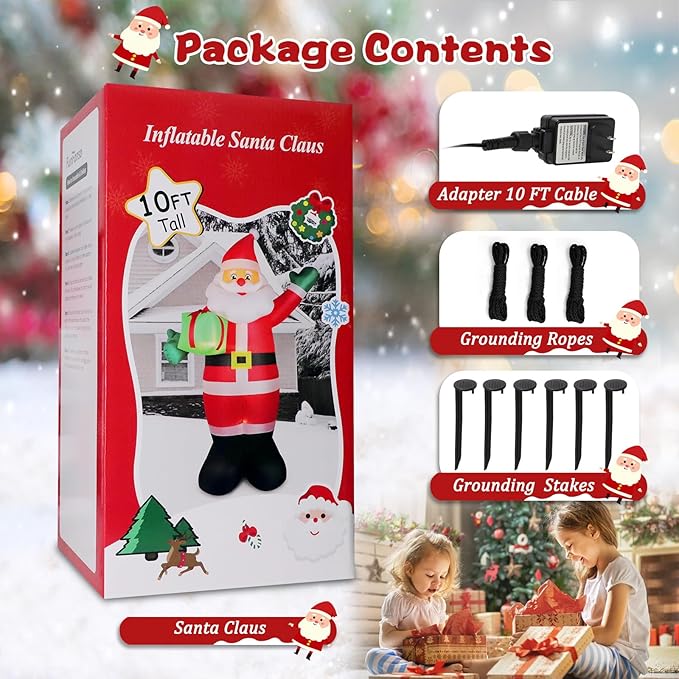 10 FT Christmas Inflatable Santa Claus Outdoor Decorations, Blow Up Santa Claus Holding Gift Box for Xmas Outside Decor, Giant Santa with Bright LED Lights for Yard Patio Garden Lawn Holiday Party