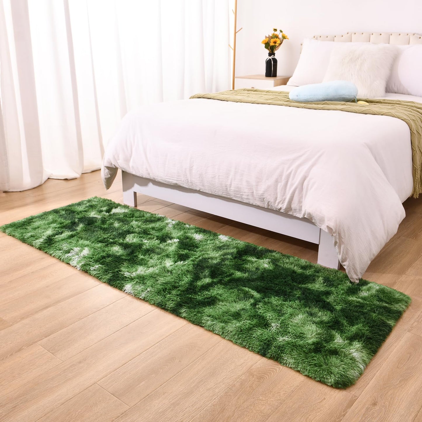 DweIke Fluffy Dark Green Runner Rugs for Bedroom, 2x6 Feet Soft Plush Long Moss Runners for Girls Boys Kids, Non-Slip and Machine Washable Bedside Rug, Small Throw Carpet for Hallway Rooms Decor