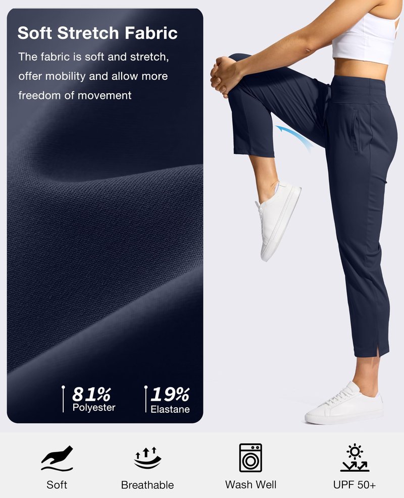 YYV Women's Pants with 3 Pockets High Waisted Golf Athletic Pants 7/8 Stretch Ankle Pants for Women Workout Travel Casual(Navy Medium)