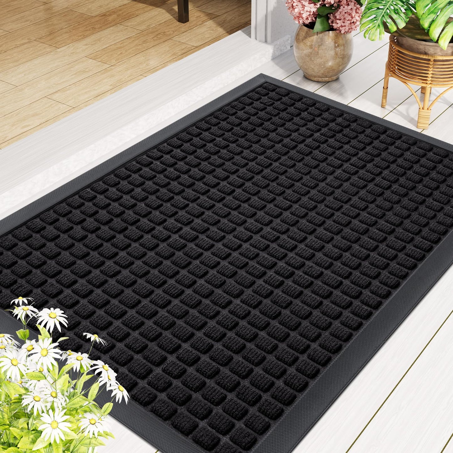 Smiry Front Door Mat Outside Entrance, Heavy Duty Natural Rubber Doormat, Non Slip, Trap Dirt and Moisture, Easy Clean, Low Profile Welcome Floor Mats for Indoor Outdoor Entry, 47x32 Inch, Black