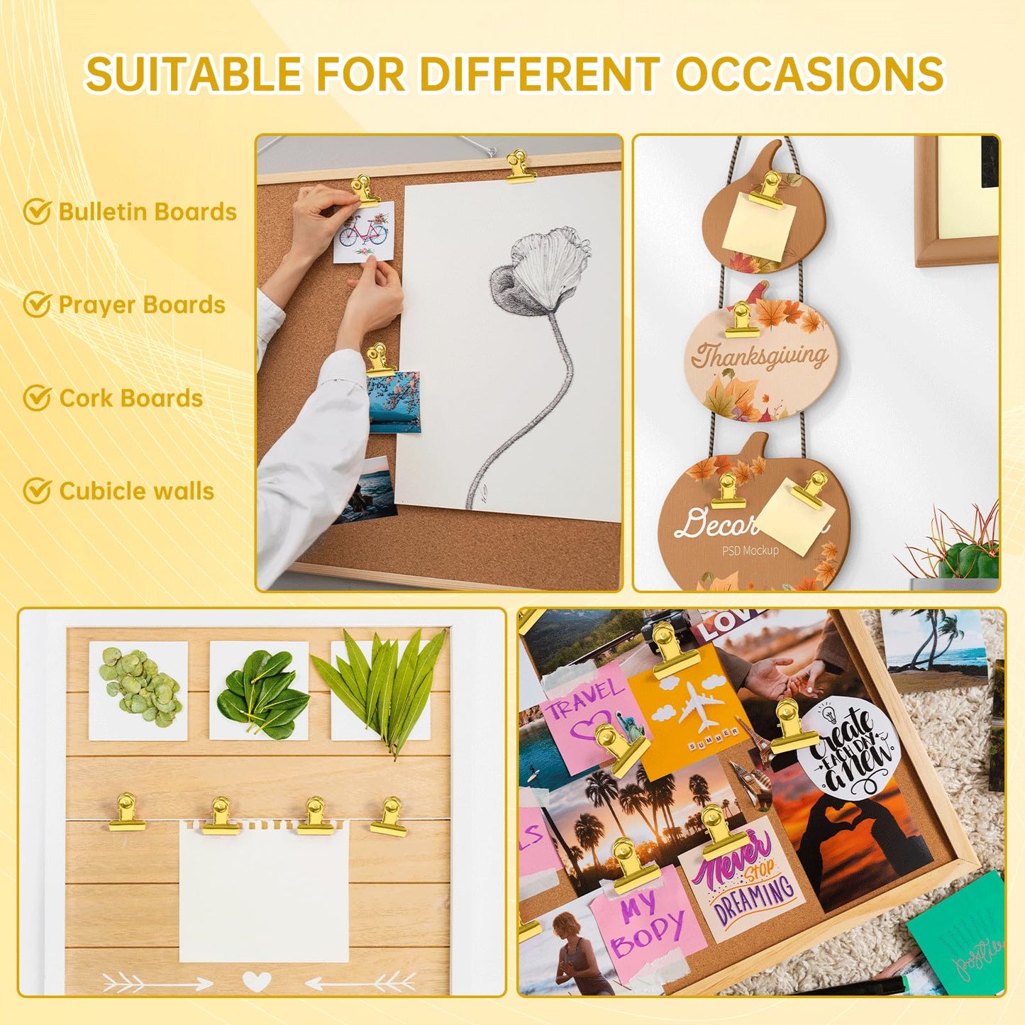 GOOLADA 36Pcs Push Pins Clips, Metal Thumb Tacks, Gold Thumbtacks with Clips, Gold Push Pins for Bulletin Board, Wall,Cork Board, No Holes